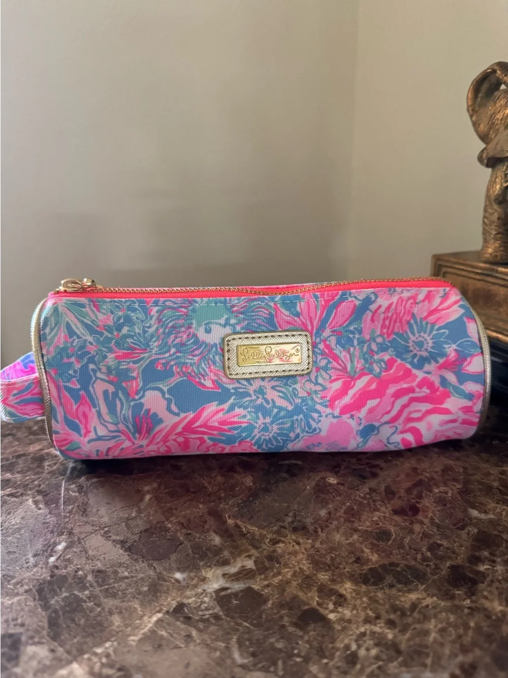Lilly Pulitzer Pink and Blue Floral Cosmetic Pouch with Gold Accent